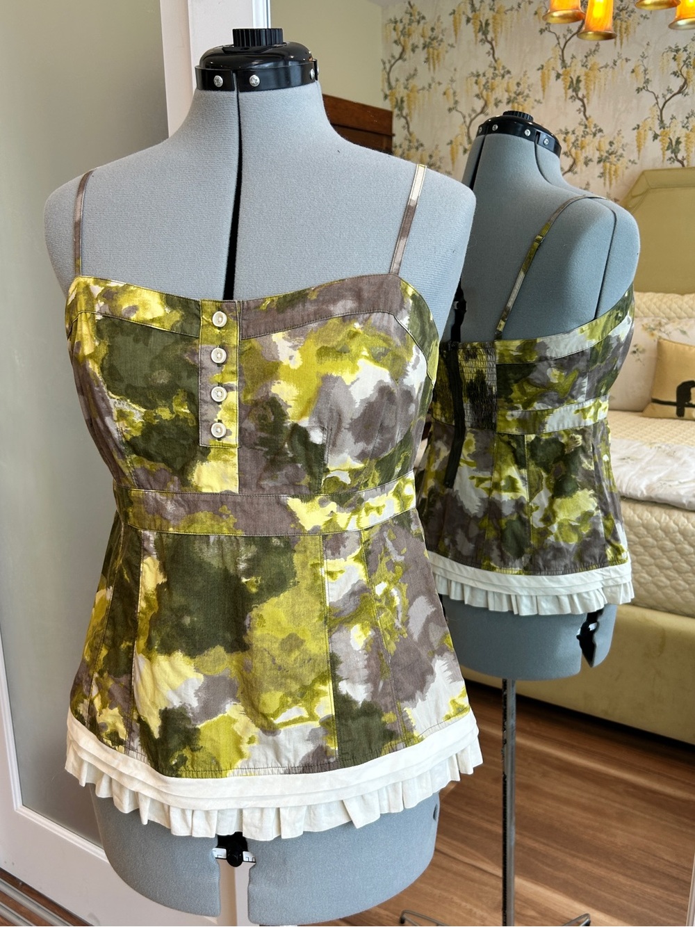 Jessica Simpson Watercolor Olive & Taupe Spaghetti Strap Peplum Top